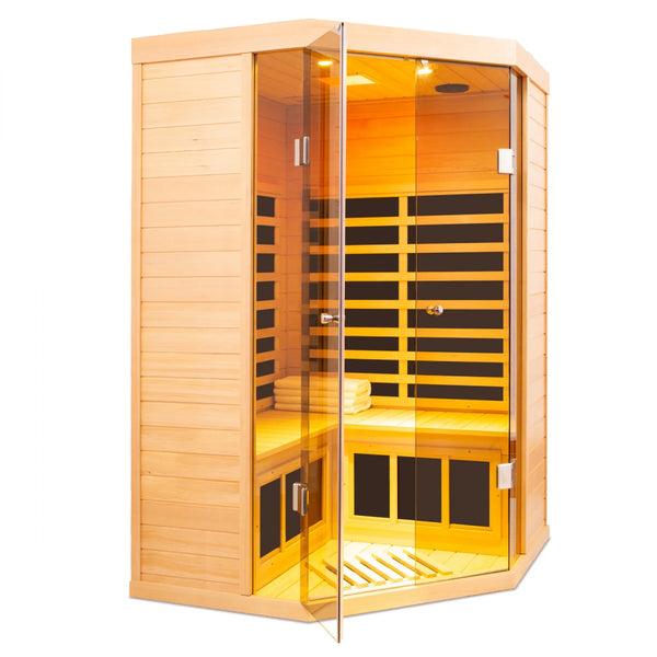 2-Person Corner Far Infrared Sauna – Hemlock Wood