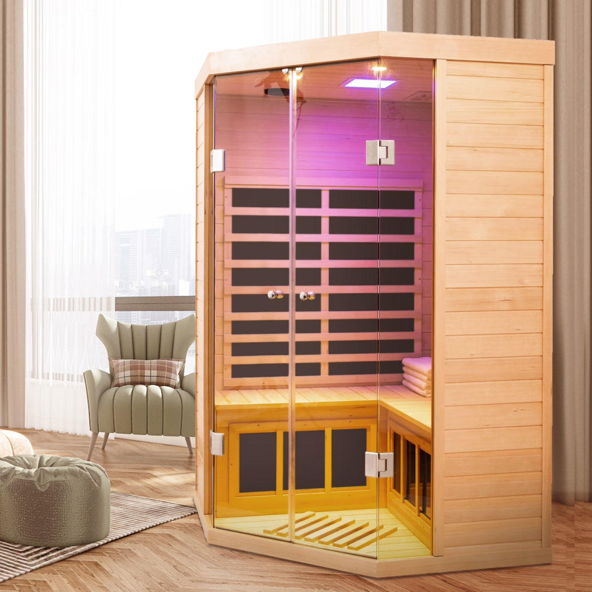 2-Person Corner Far Infrared Sauna Room - Hemlock Wood, Deluxe Transparent Glass Front, Large Capacity Home Sauna — product view 6