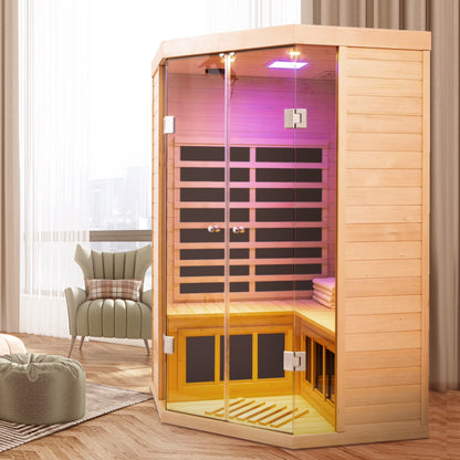 2-Person Corner Far Infrared Sauna Room - Hemlock Wood, Deluxe Transparent Glass Front, Large Capacity Home Sauna — product view 6