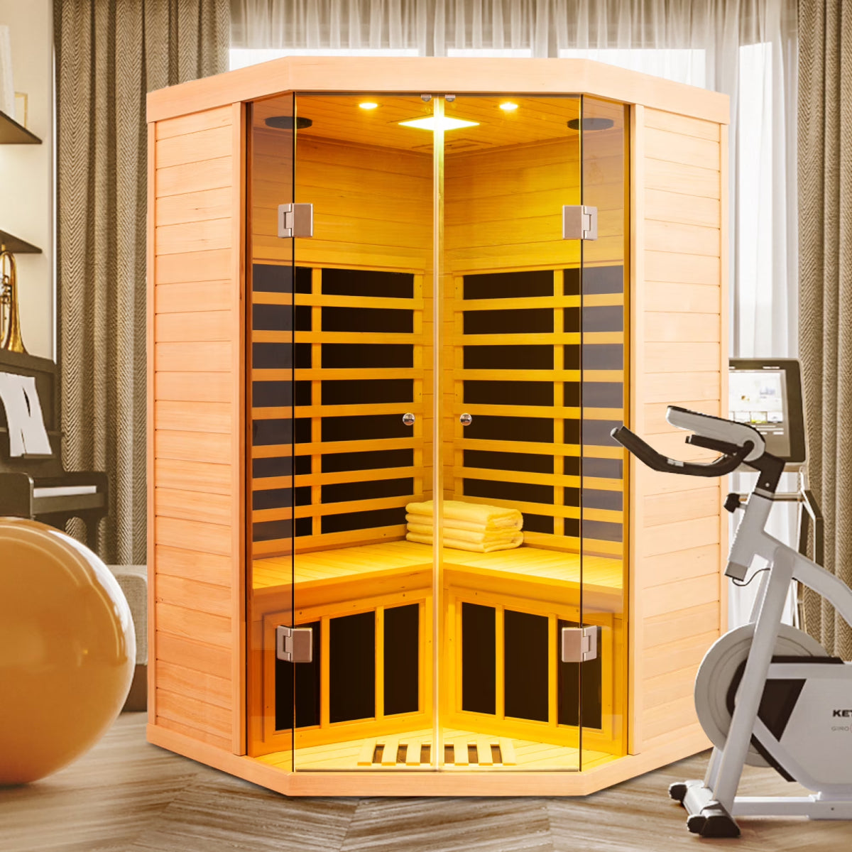 2-Person Corner Far Infrared Sauna Room - Hemlock Wood, Deluxe Transparent Glass Front, Large Capacity Home Sauna — product view 7