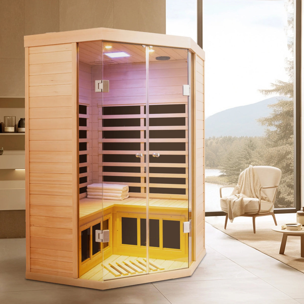 2-Person Corner Far Infrared Sauna Room - Hemlock Wood, Deluxe Transparent Glass Front, Large Capacity Home Sauna — product view 8