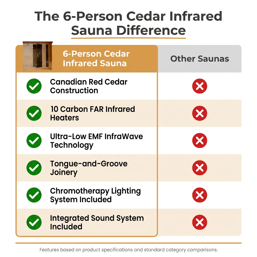 Infrared Sauna Built for Deep Heat Therapy, 6-Person Cedar, 10 Carbon Heaters, Ultra-Low EMF Design