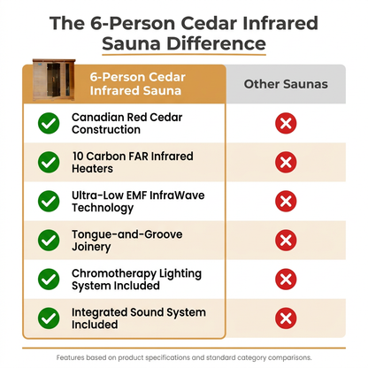Infrared Sauna Built for Deep Heat Therapy, 6-Person Cedar, 10 Carbon Heaters, Ultra-Low EMF Design