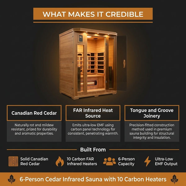 Infrared Sauna Built for Deep Heat Therapy, 6-Person Cedar, 10 Carbon Heaters, Ultra-Low EMF Design