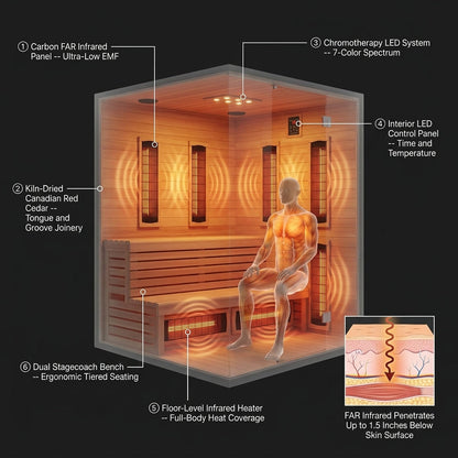 Infrared Sauna Built for Deep Heat Therapy, 6-Person Cedar, 10 Carbon Heaters, Ultra-Low EMF Design