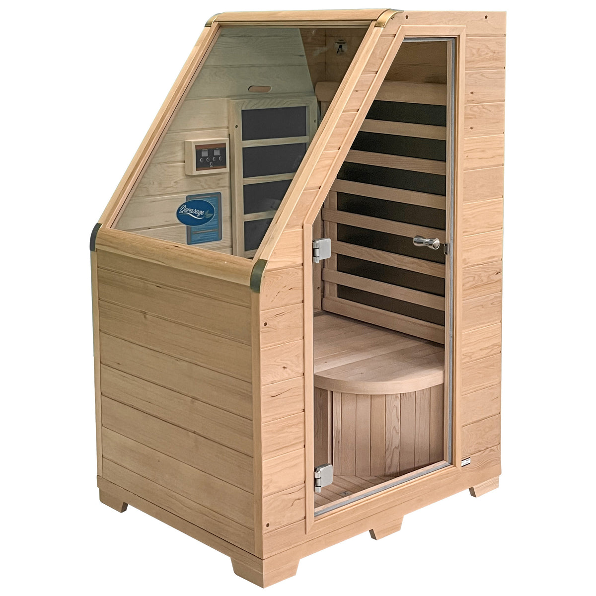 Durasage 1-person Canadian hemlock infrared sauna, front three-quarter view with the glass door open