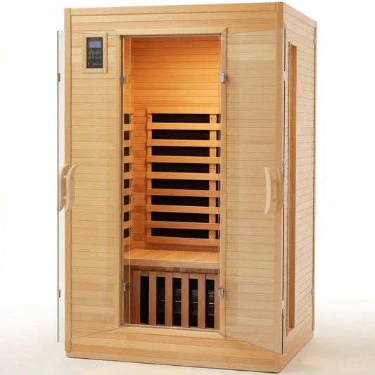 2024 Upgrade 2 Person Sauna, Low EMF 6 Heating Plate Infrared Physical Therapy Wooden Dry Steam Sauna with MP3 Auxiliary Connection, Dual Controls, Iron Shirt Wall Plate, Home Spa Day Use, Gift — Studio Shot