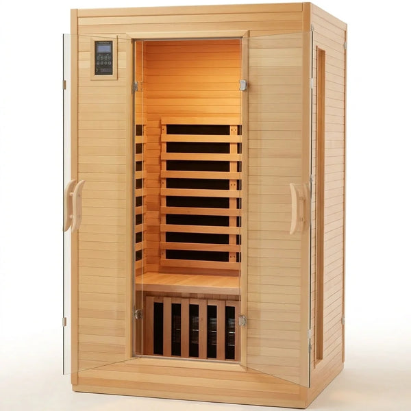 2024 Upgrade 2 Person Sauna, Low EMF 6 Heating Plate Infrared Physical Therapy Wooden Dry Steam Sauna with MP3 Auxiliary Connection, Dual Controls, Iron Shirt Wall Plate, Home Spa Day Use, Gift — Studio Shot