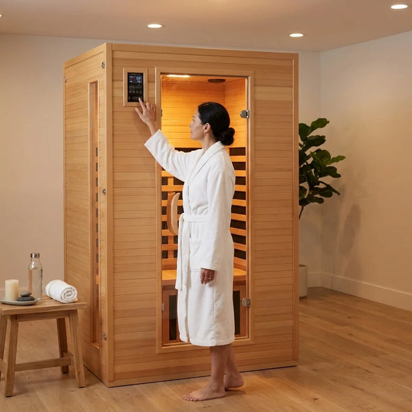 Infrared Sauna Built for Home Wellness, 6 Carbon Heating Plates, Canadian Hemlock Wood, Dual Controls