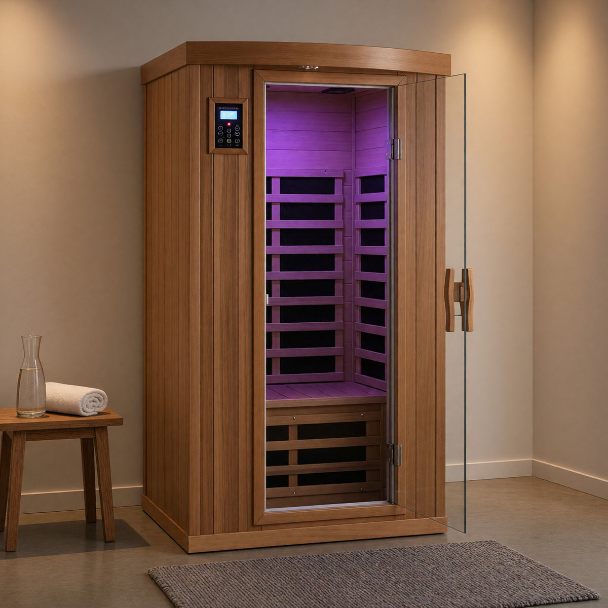One-person red cedar infrared sauna in a finished basement with the glass door open, showing the cedar bench and carbon heater panels under violet chromotherapy light