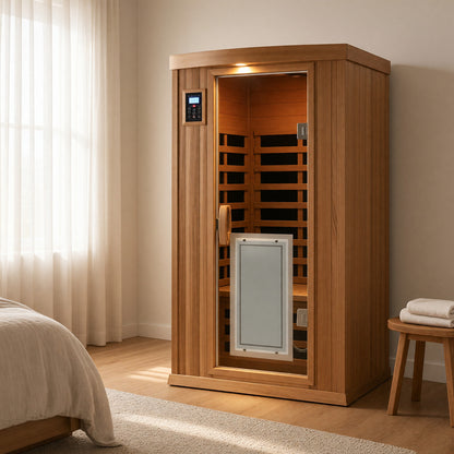 One-person red cedar infrared sauna cabin standing in the corner of a bedroom on a pale oak floor, door closed with a warm glow inside