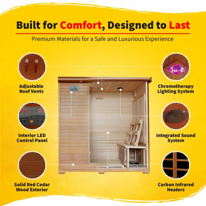 Infrared Sauna Built for Deep Heat Therapy, 6-Person Cedar, 10 Carbon Heaters, Ultra-Low EMF Design