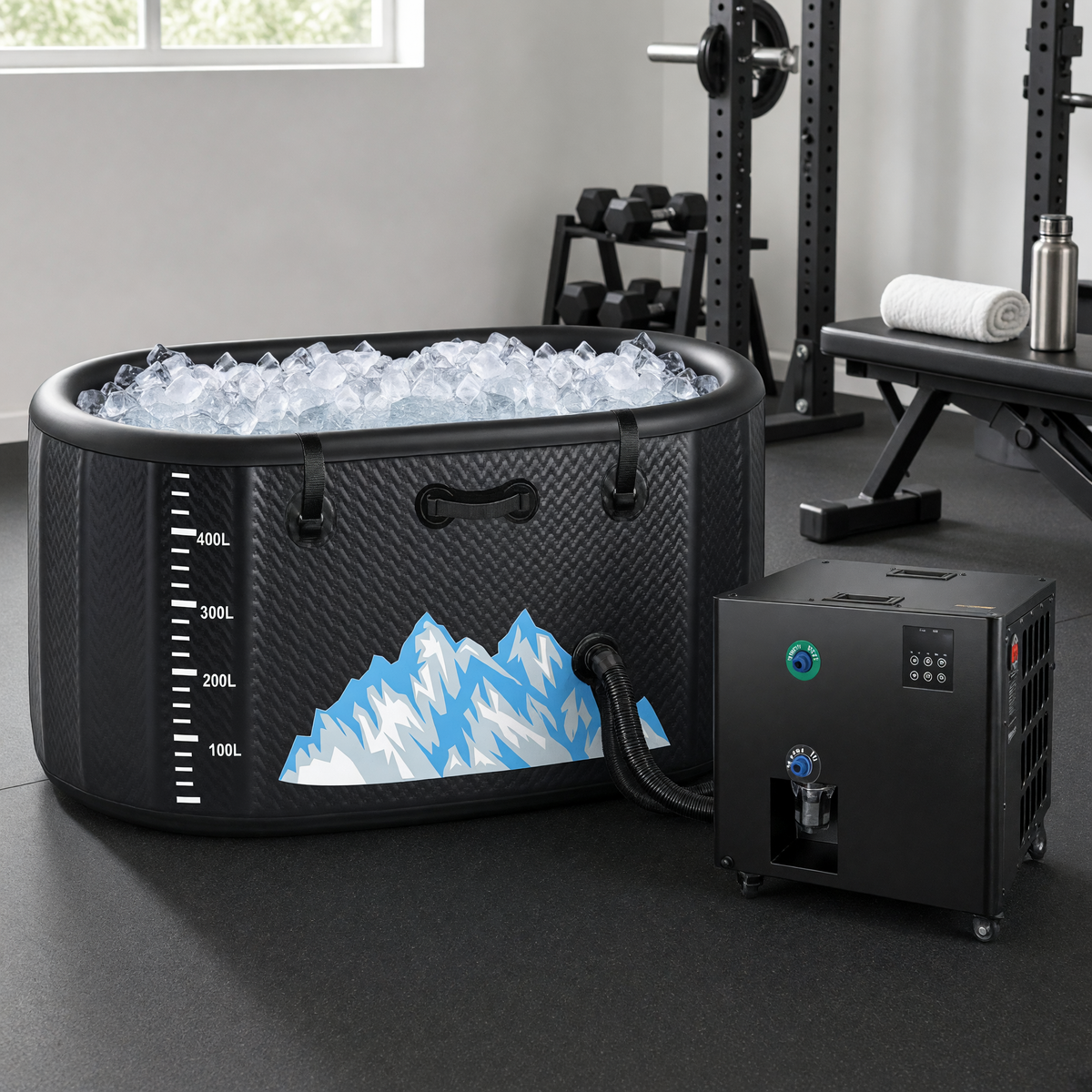 The cold plunge tub and chiller set up in a home gym on rubber flooring beside a squat rack and dumbbells