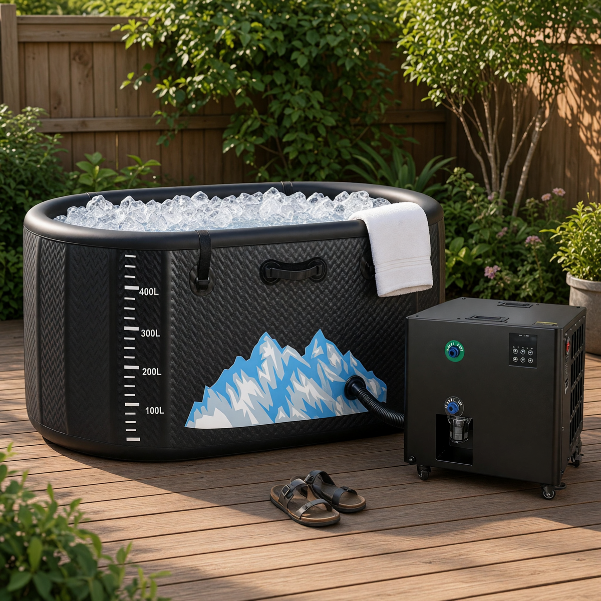 Black inflatable cold plunge tub filled with ice on a timber garden deck, with the chiller unit beside it and a towel over the rim