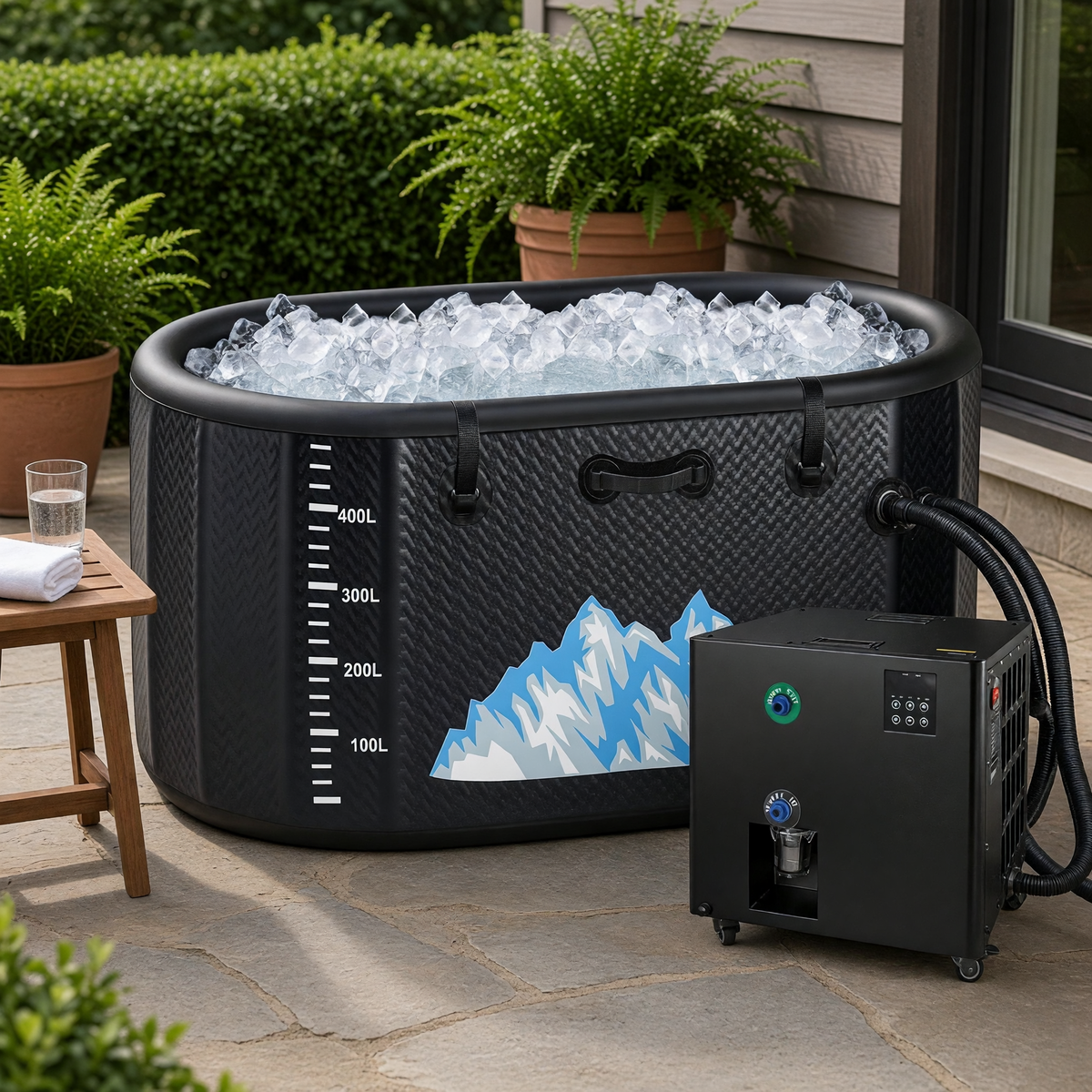 The cold plunge tub and chiller on a stone patio beside potted ferns and a teak side table with a glass of water