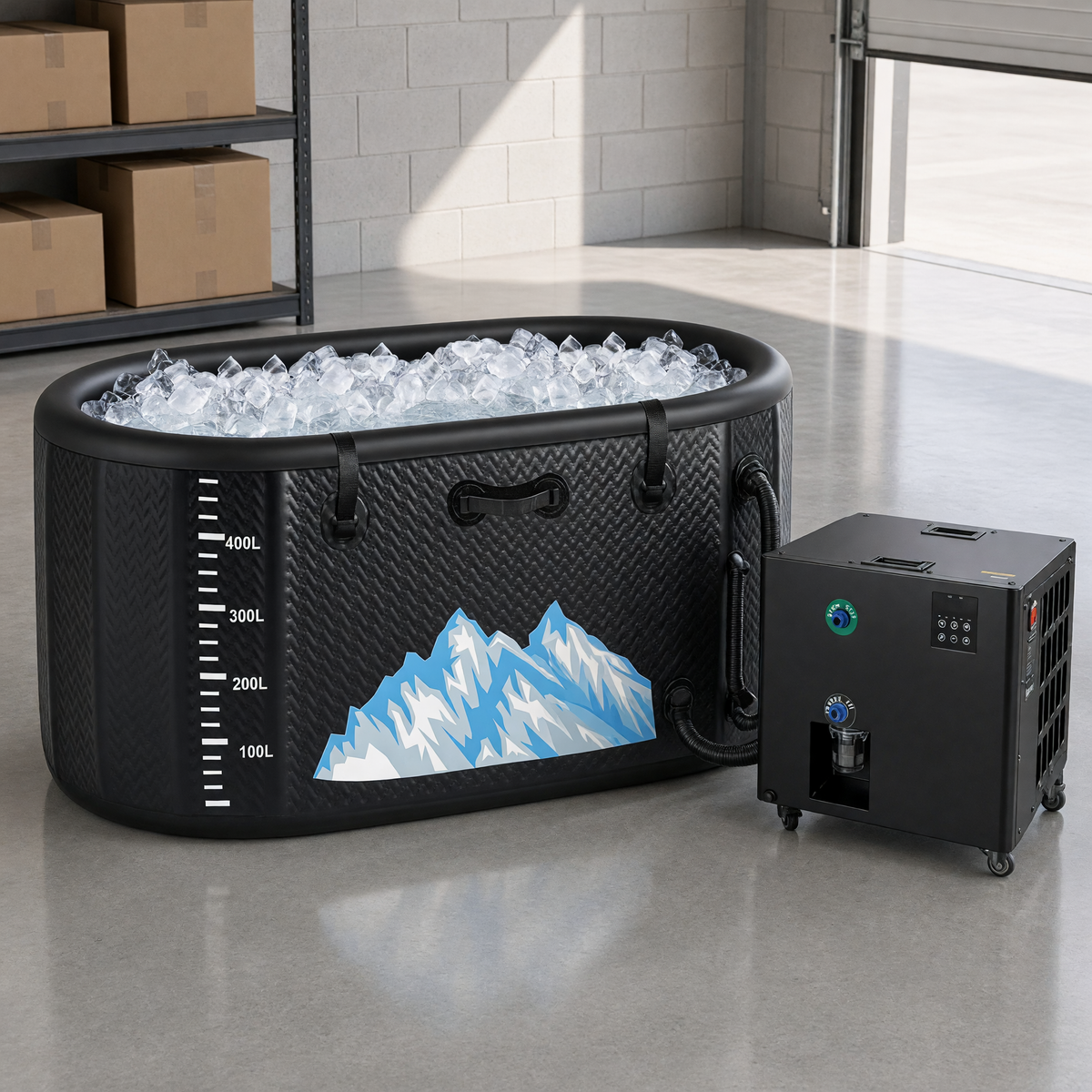 The cold plunge tub and chiller in a clean garage on a polished concrete floor with the garage door part open