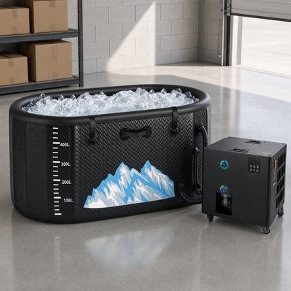 The cold plunge tub and chiller in a clean garage on a polished concrete floor with the garage door part open