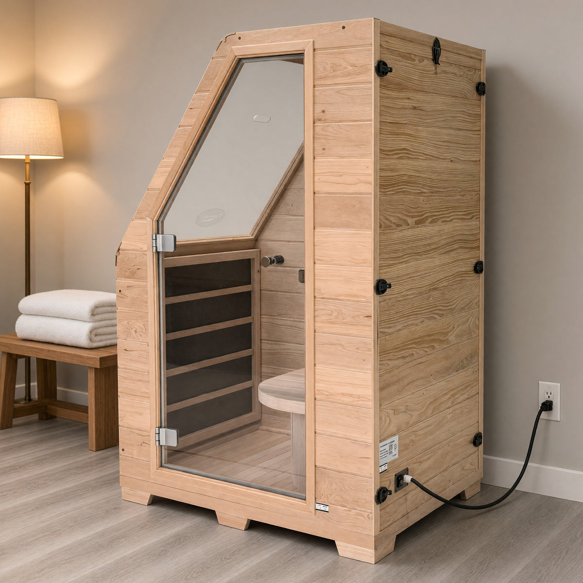 Rear view of the 1-person hemlock infrared sauna in a finished basement, power cord plugged into a standard wall outlet