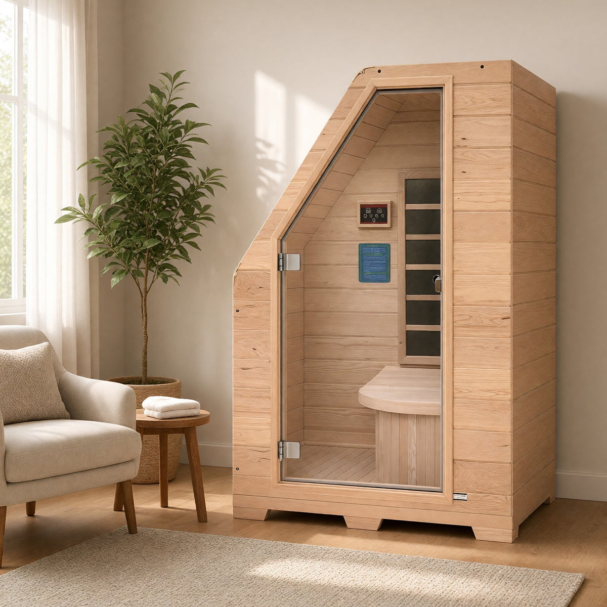 1-person hemlock infrared sauna in the corner of a spare bedroom beside an armchair and a floor plant