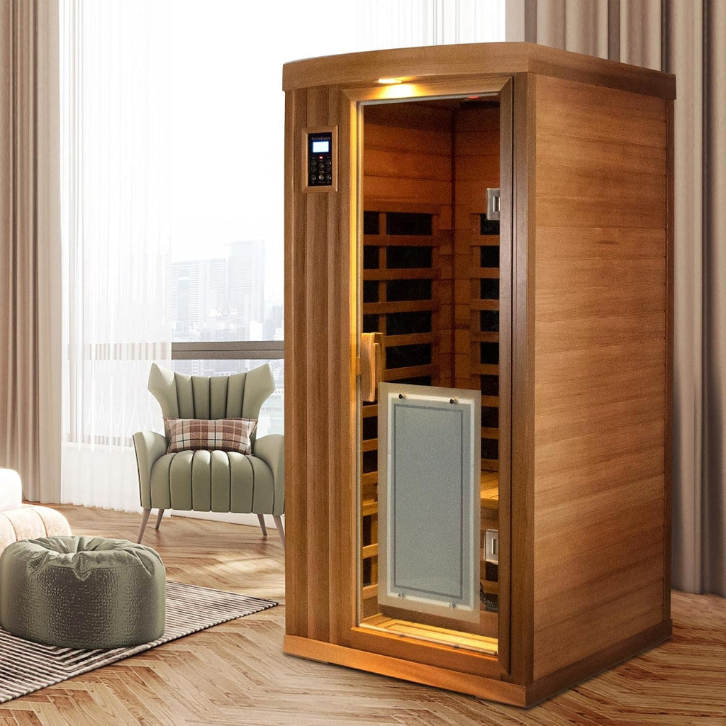 Home Sauna Far Infrared Sauna 1 Person plus Low-Emf Natural Red Cedar Indoor Sauna Spa, 1510W Infrared Sauna for Home, 8 Low Electromagnetic Field Heaters, 2 Bluetooth Speakers, 1 LED Reading Lamp — product view 7