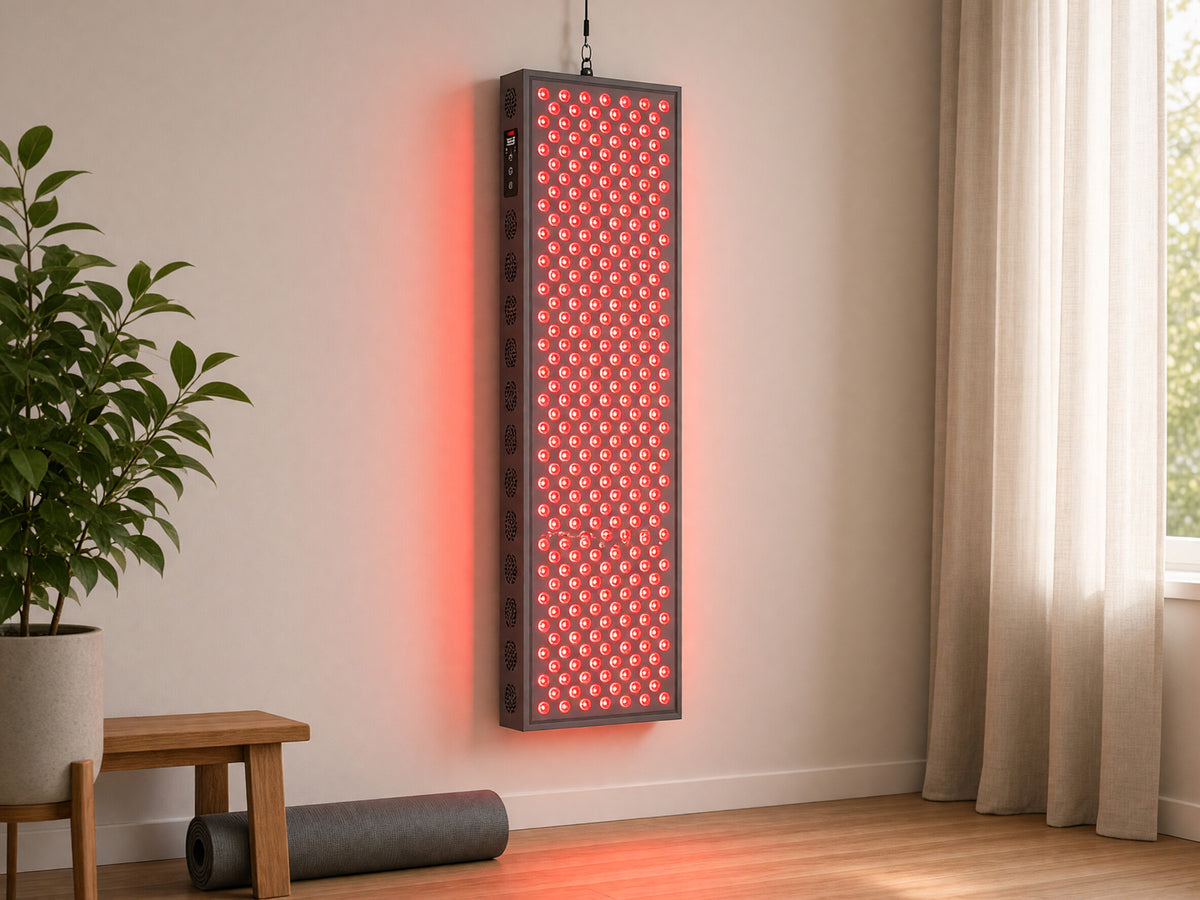 PRO1500 panel hung on a home gym wall, lit red