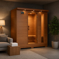 Cedar infrared sauna installed in a home basement lounge