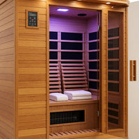 Sauna interior with cedar benches, carbon heater panels and chromotherapy light