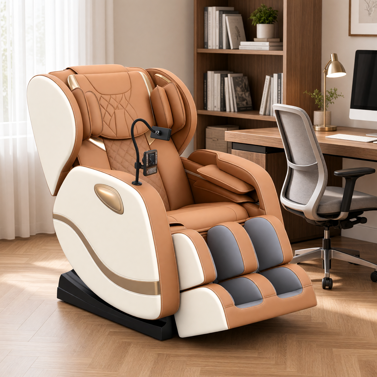 The massage chair in the corner of a home office beside a wooden desk and an office chair