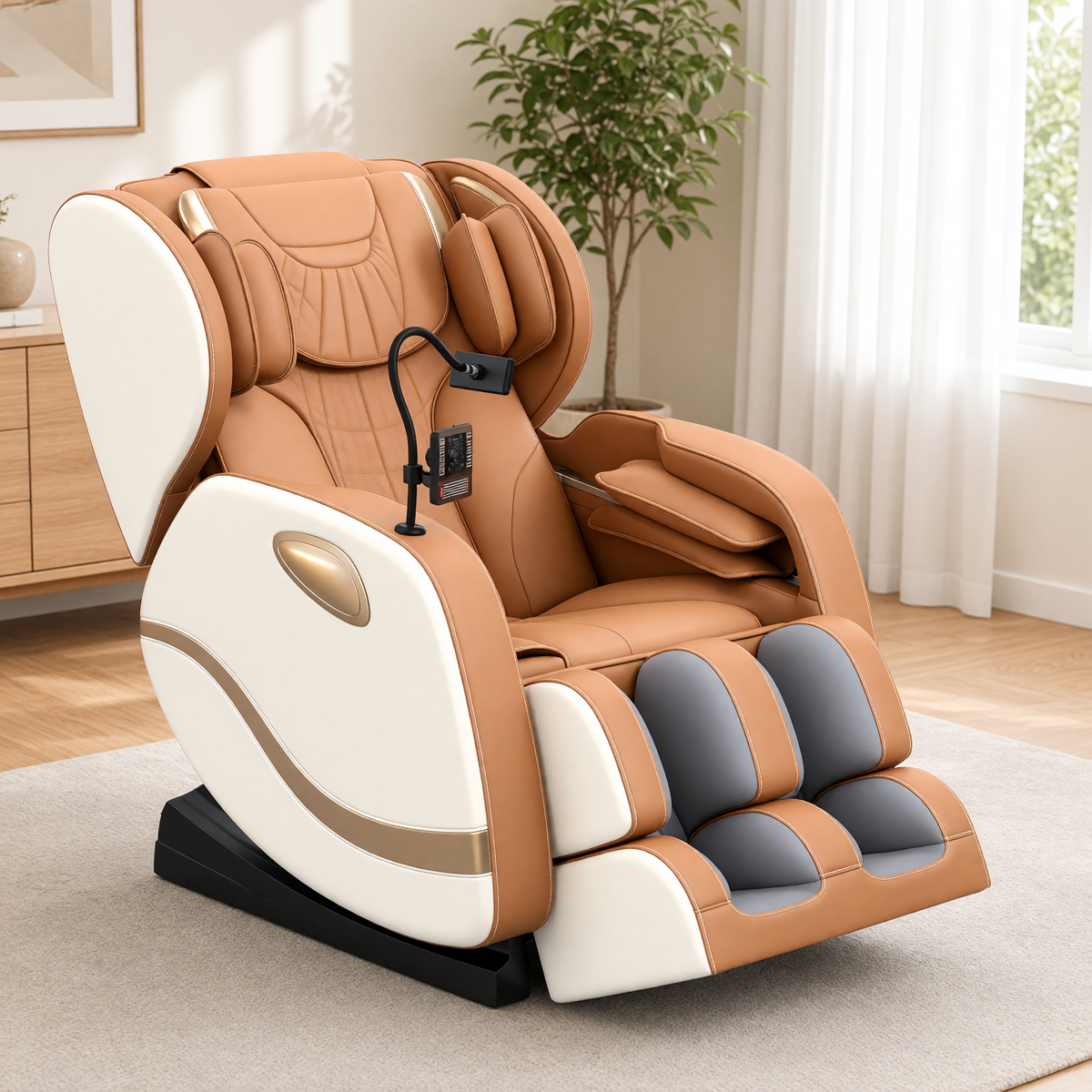 Caramel and cream leather massage chair standing upright in a modern living room on a light oak floor