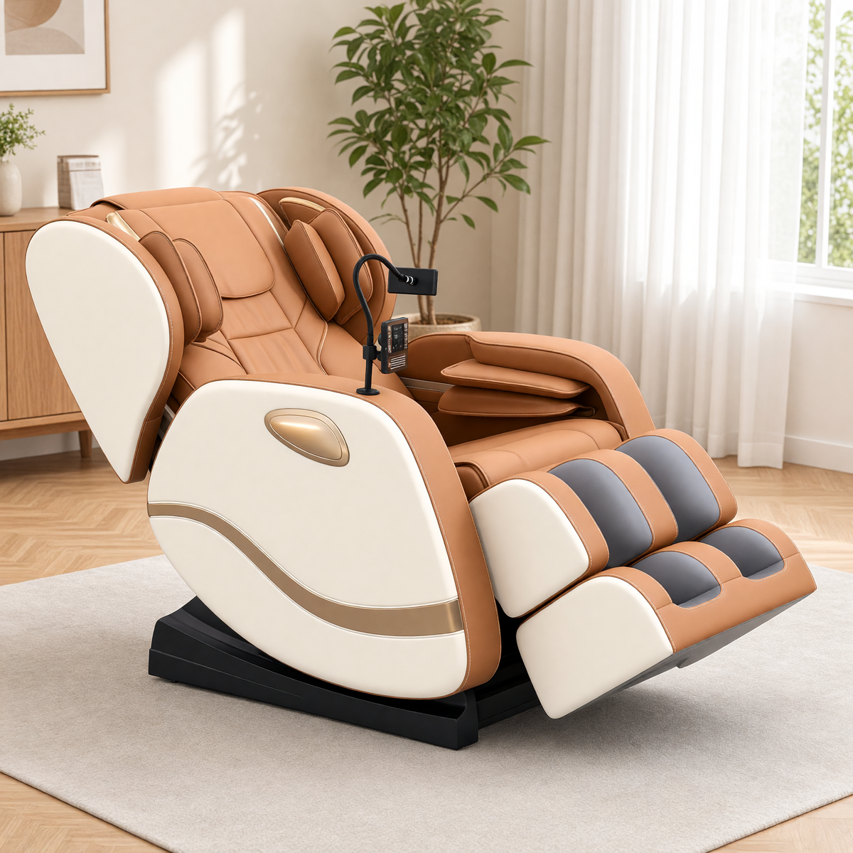 The massage chair reclined into the zero-gravity position with the leg rest raised, seen from the side in a living room
