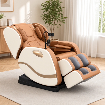 The massage chair reclined into the zero-gravity position with the leg rest raised, seen from the side in a living room