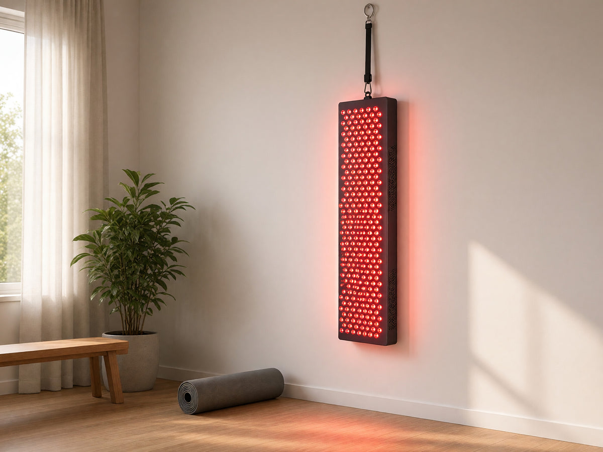 ULTRA1500 panel hanging on a home gym wall from its pulley kit, lit red