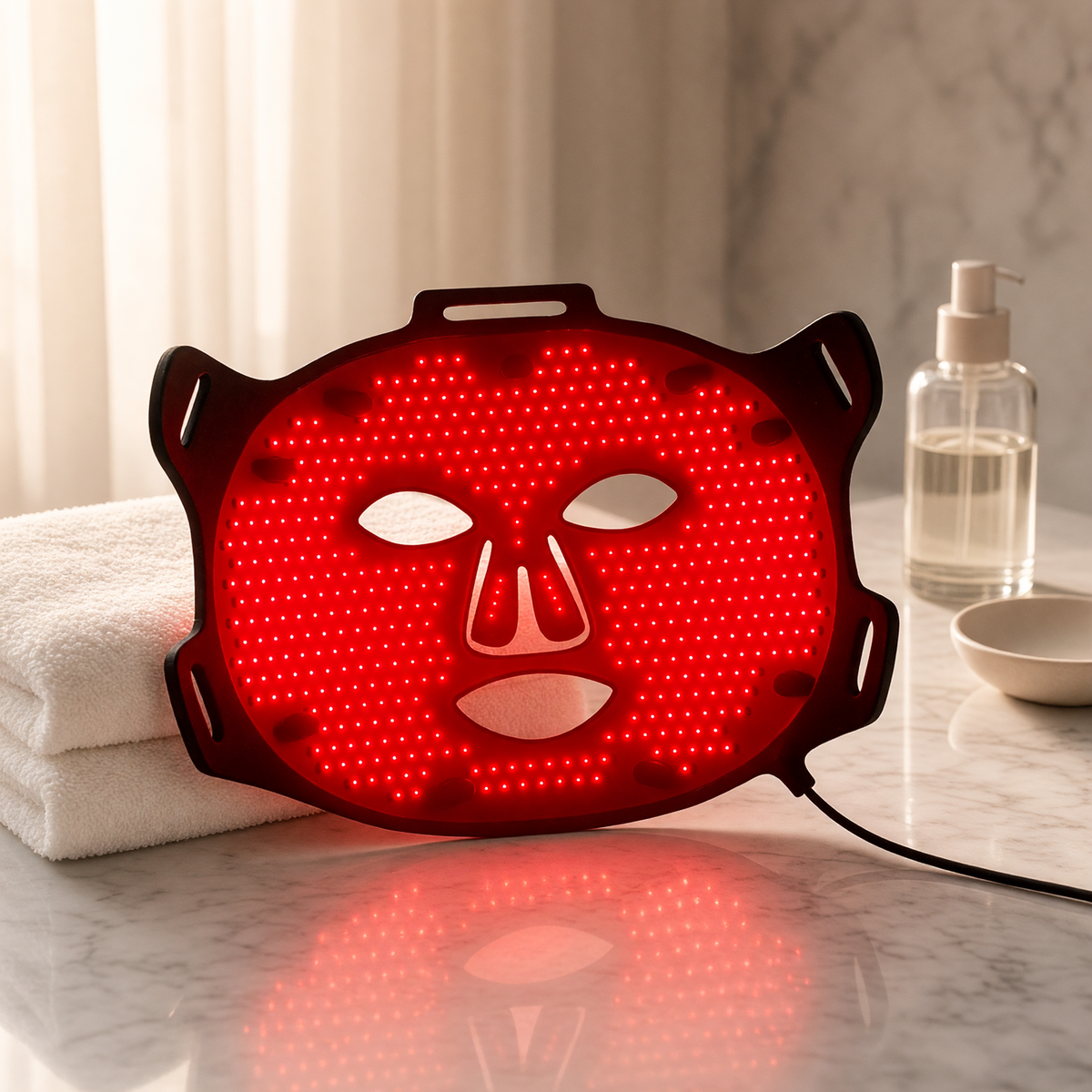Lumara VISO red light face mask switched on and glowing red, propped against folded white towels on a marble bathroom vanity