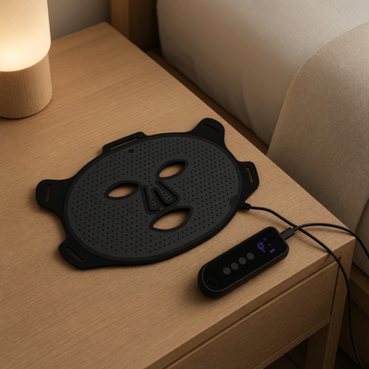 Lumara VISO mask switched off on an oak bedside table next to its handheld controller, warm lamp light in a bedroom