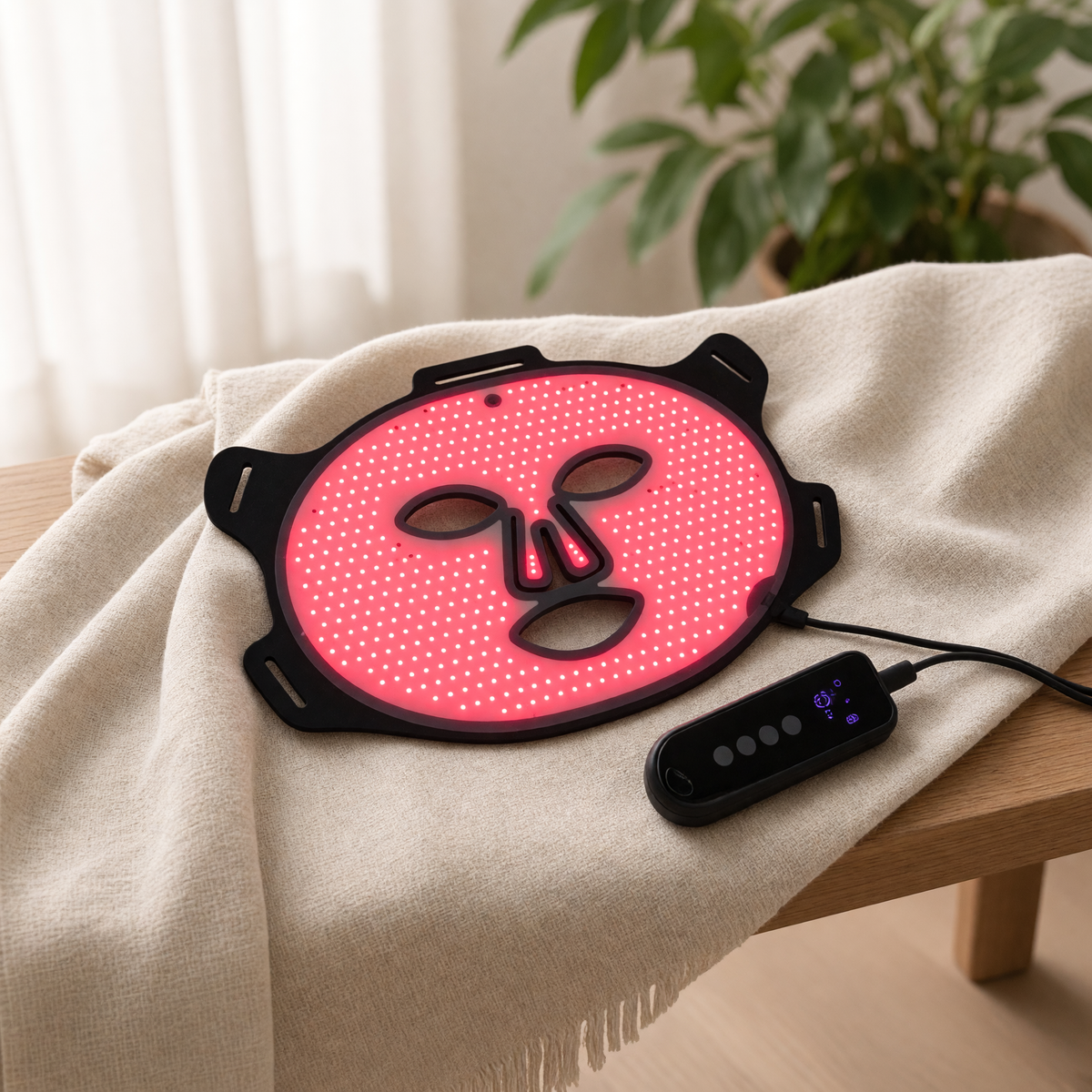 Lumara VISO mask glowing red on a folded linen throw on a living room bench, handheld controller beside it