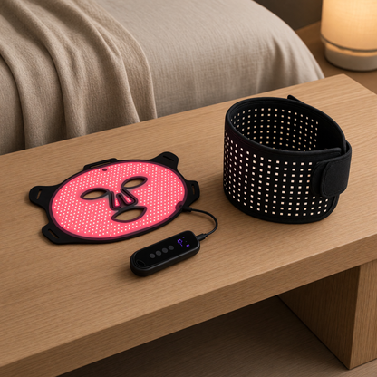 Pad Bundle: the Lumara VISO mask glowing red on an oak bench next to the Lumara flexible light pad curled open to show its LED face