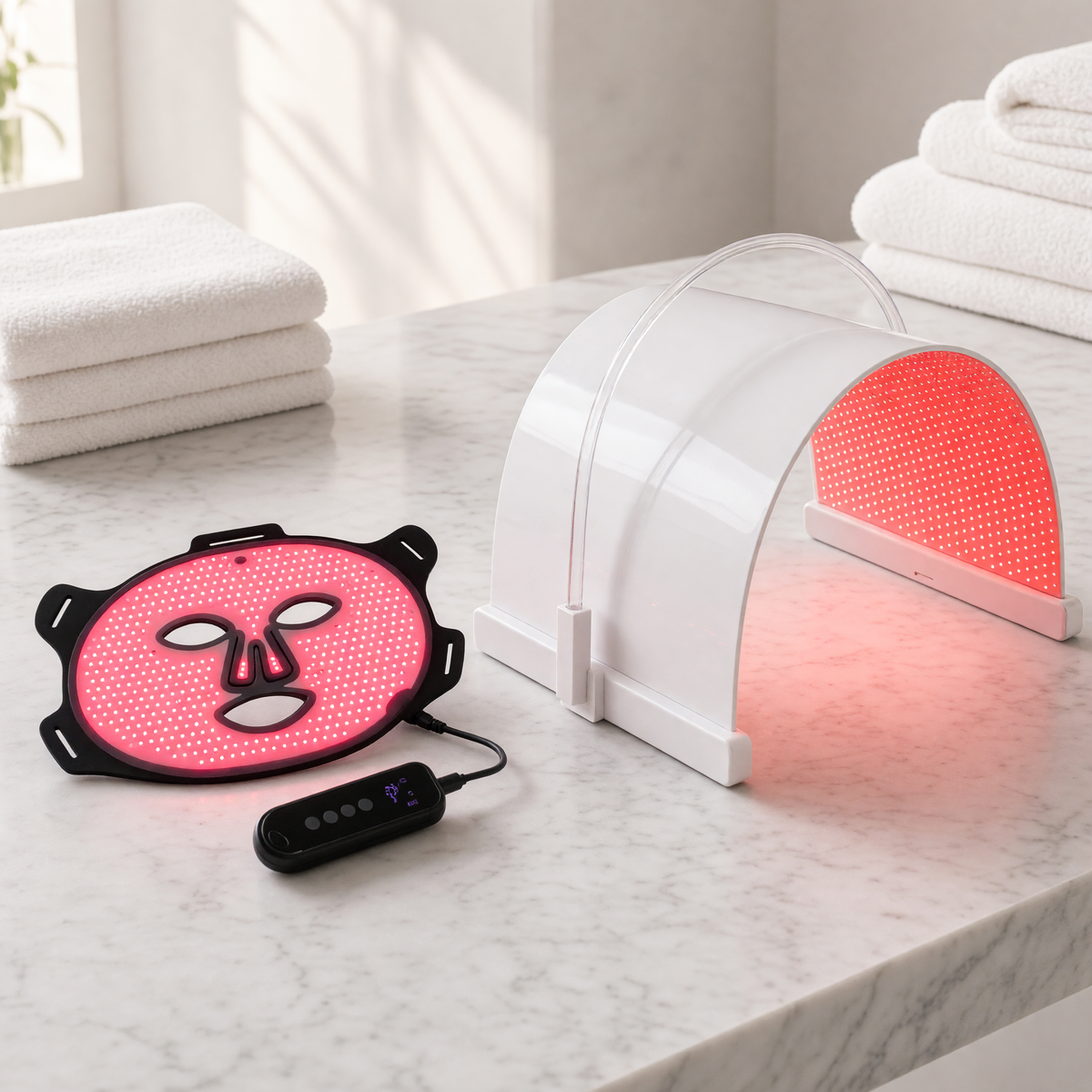 Panel Bundle: the Lumara VISO mask glowing red on a marble bathroom counter next to the Lumara Illuminate Red V2 arch panel standing upright with its red LED face lit